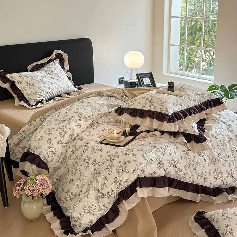 Afralia™ Vintage Floral Cotton Ruffles Princess Bedding Set with Double Layer