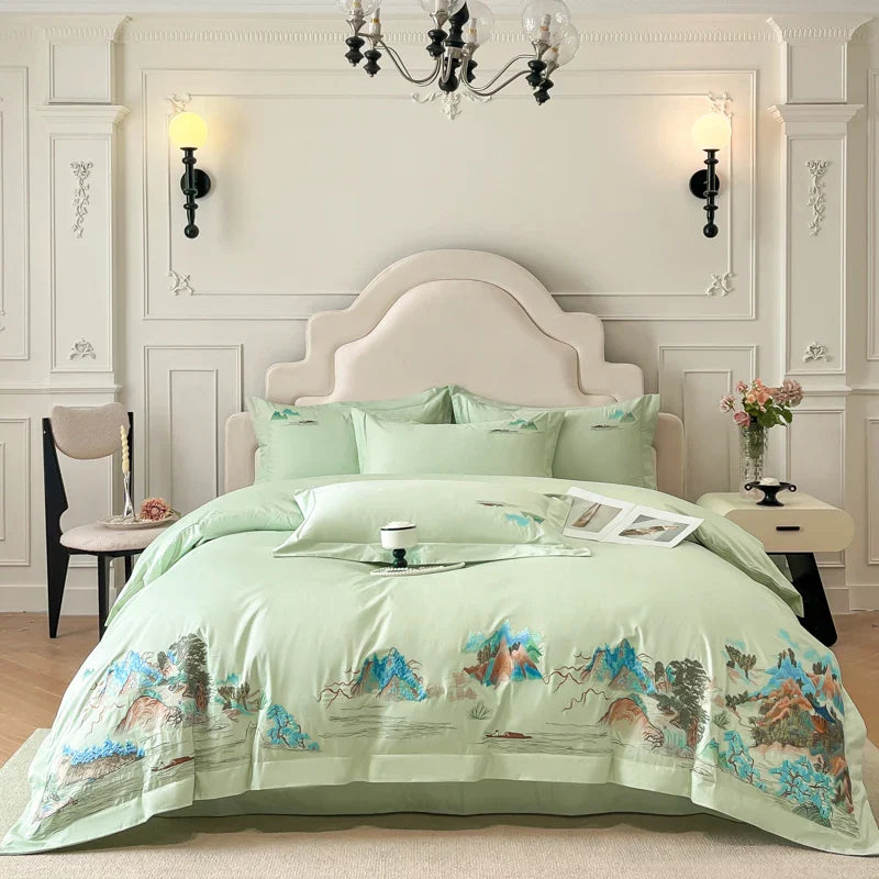 Afralia™ Mountain River Landscape Embroidery Bedding Set - Duvet Cover, Bed Sheet, Pillowcases
