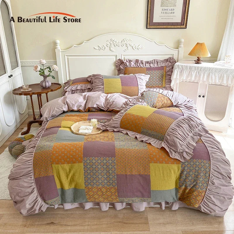 Afralia™ Vintage Cotton Double Layer Bedding Set with Ruffles & Pleat Details