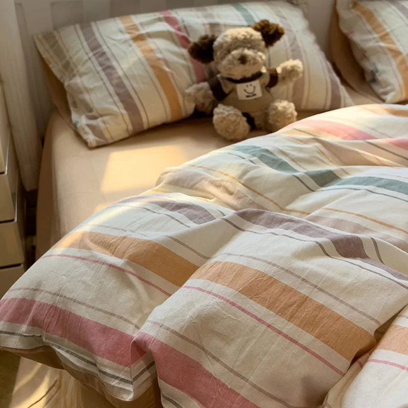 Afralia™ Minimalist Striped Grid Comforter Set in Washed Cotton, Soft Bedding Twin-Queen Size