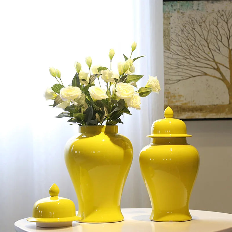 Afralia™ Yellow Ceramic Ginger Jar Vase: Chinese Decor for Home Decoration & Storage