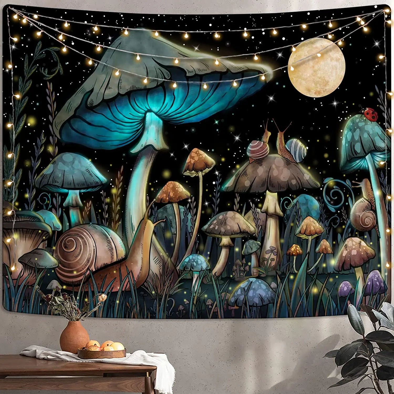 Afralia™ Mushroom Snail Moon Anime Tapestry Cute Dark Nature Wall Hanging