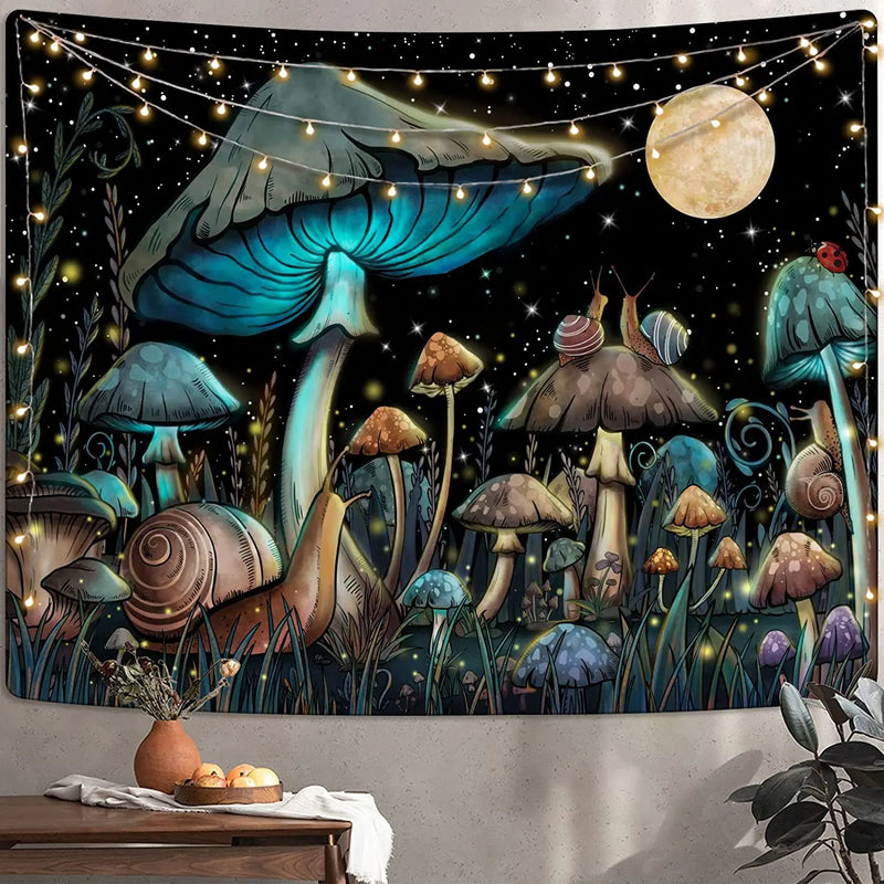 Afralia™ Mushroom Snail Moon Anime Tapestry Cute Dark Nature Wall Hanging