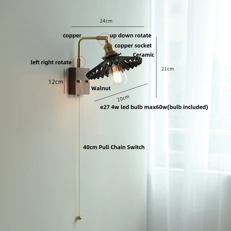 Afralia™ Nordic LED Walnut Wood Wall Lamp with Rotating Ceramic Copper Pull Chain Switch
