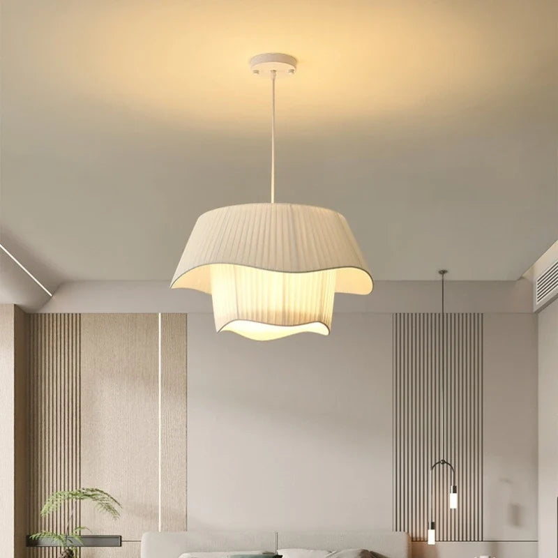 Afralia™ Creamy Style E27 Chandelier Bedroom Pendant Lights: Minimalist White Fabric LED Lamps