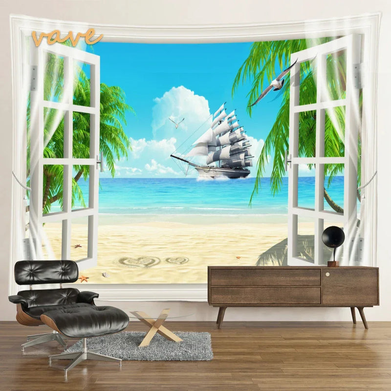 Scenic Sunset Palm Tree Tapestry by Afralia™ - Boho Beach Landscape Bedroom Decor