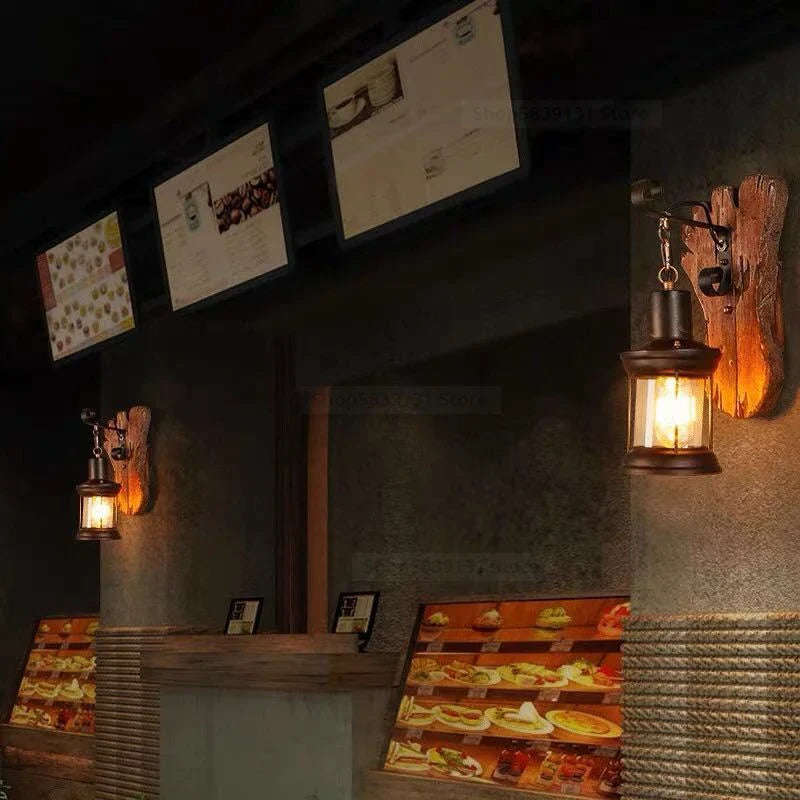 Afralia™ Wrought Iron Wood Wall Lamps - Retro LED Wall Lights for Home, Bar, Cafe & Living Room