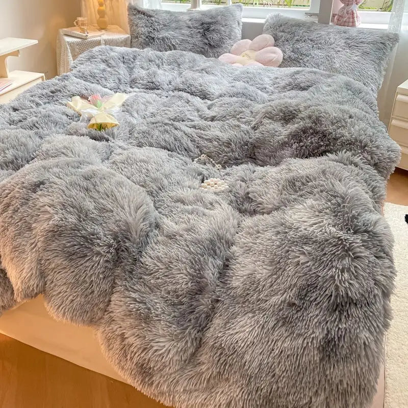 Afralia™ Shaggy Faux Rabbit Fur Bedding Set: Cozy Gradient Coral Fleece Quilt, Duvet Cover, Pillowcases