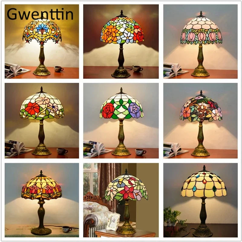 Afralia™ Tiffany Style Stained Glass Led Table Lamp