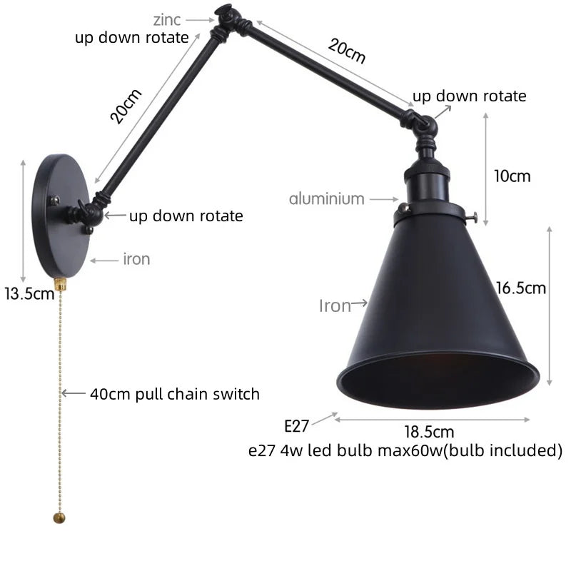 Afralia™ Swing Arm LED Wall Light | Vintage Industrial Bedside Lamp