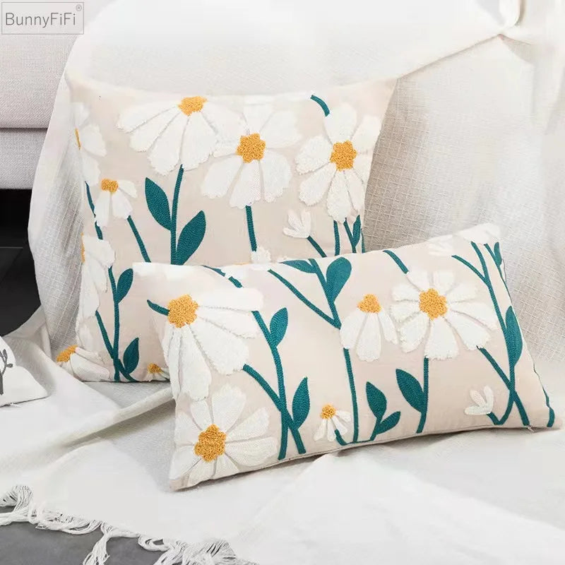 Afralia™ Daisy Home Floral Geometric Embroidery Pillow Cover 45x45cm/30x50cm Yellow Blue