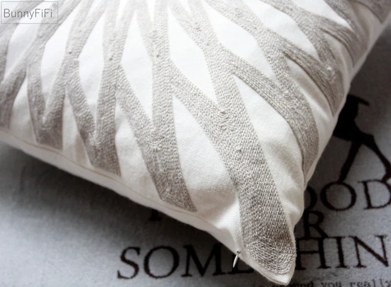 Afralia™ Geometric Embroidered Cushion Cover Light Grey Cotton 45x45cm