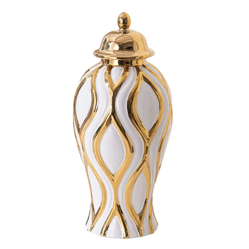 Afralia™ Geometric Pattern Golden Porcelain Ginger Jar Vase - Home Decoration Ceramic Craft Ornament