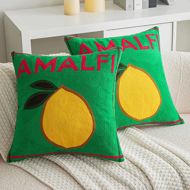 Afralia™ Embroidered Lemon Cushion Cover | Ins Style Green Pillowcase Home Decor