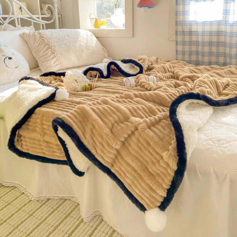 Afralia™ Ribbed Flannel Lamb Fleece Blanket for Warmth & Coziness
