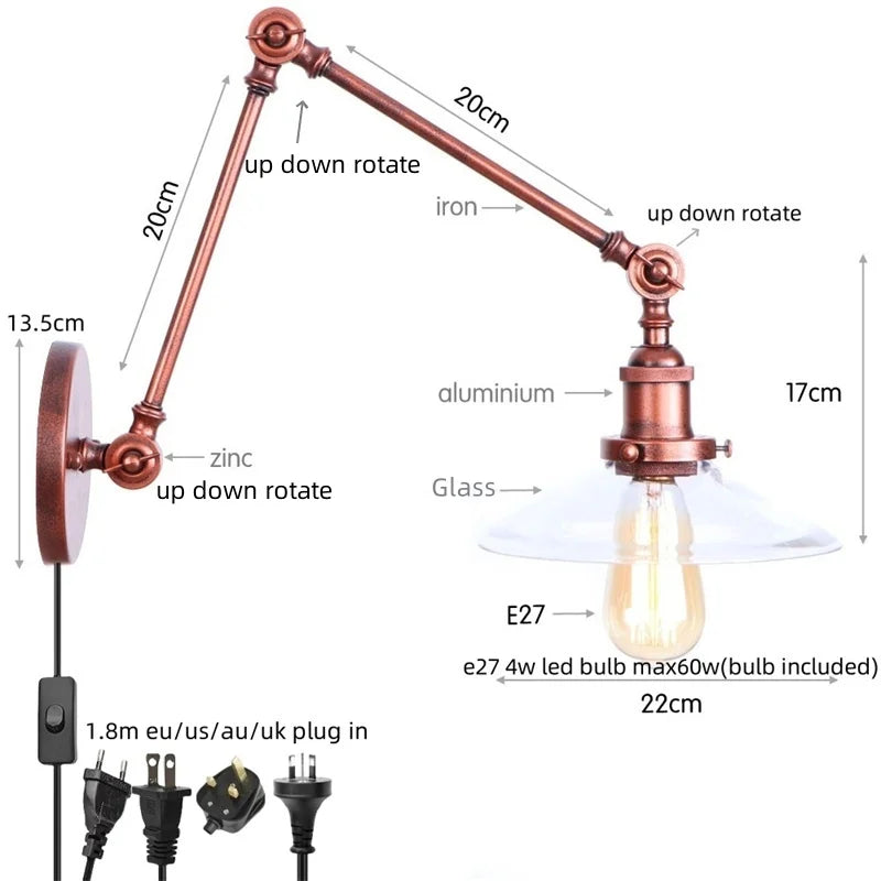 Afralia™ Adjustable Glass Swing Arm LED Wall Sconce with Pull Chain Switch