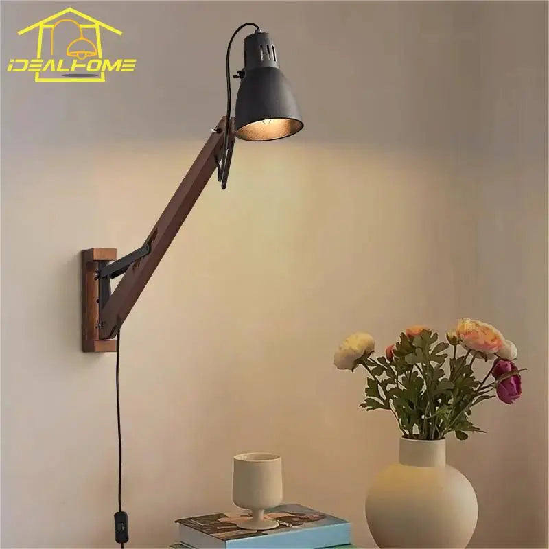 Afralia™ LED Long Pole Swing Arm Wall Lamp, Solid Wood, Adjustable, Industrial Designer