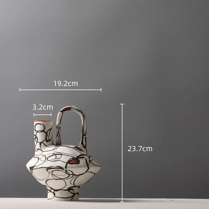 Afralia™ Geometric Graffiti Ceramic Vase with Handles for Home Decor and Floral Arrangements.