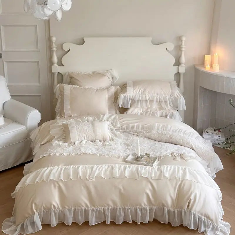 Afralia™ French Lace Ruffles Flowers Bedding Set: Duvet Cover, Sheet Set, Pillowcases