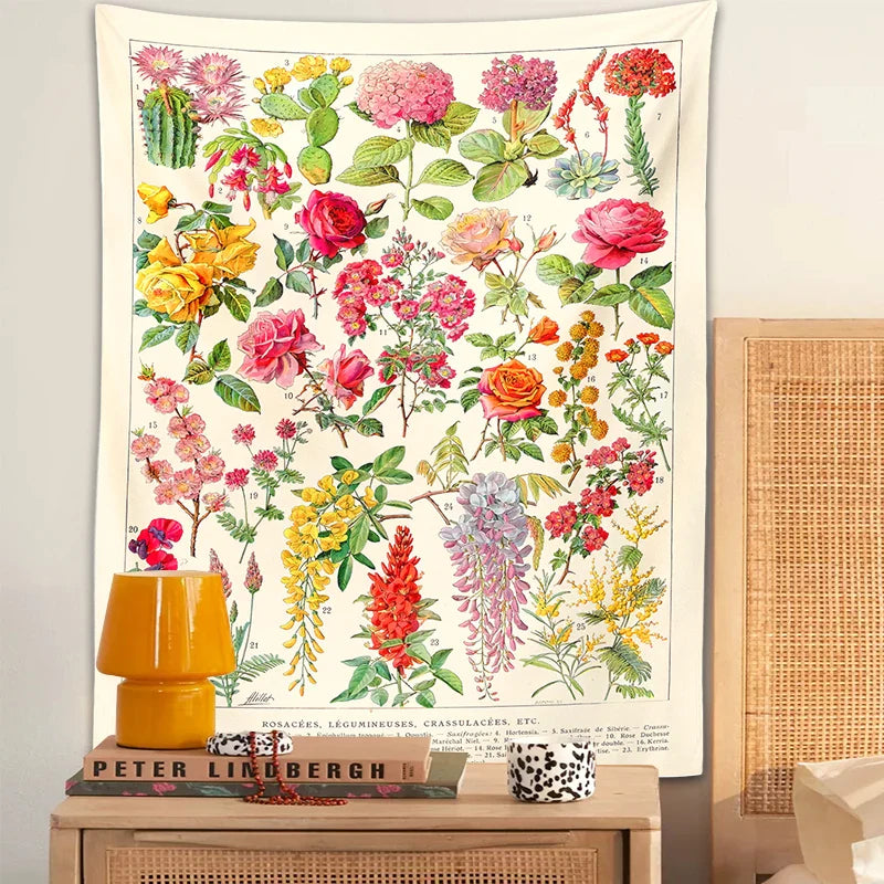 Afralia™ Botanical Floral Tapestry Wall Hanging Garden Flower Illustration Cactus Boho Hippie Dorm Decor