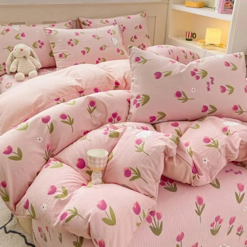 Afralia™ Cartoon Cat Floral Duvet Cover Set - Pink Kids Girls Bedroom Decor