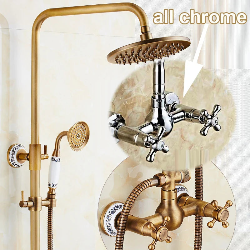 Afralia™ Antique Brass Bathroom Shower Faucet Set with Handshower, Tub Spout, and 8" Rainfall Head