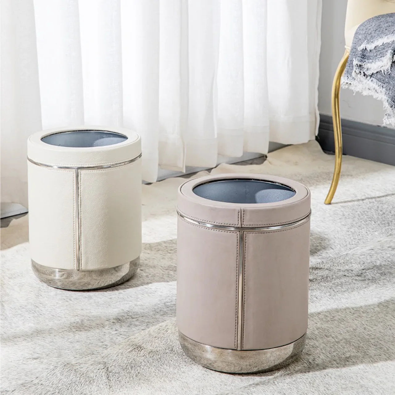 Afralia™ Stainless Steel Leather Bedroom Trash Can with Large Capacity