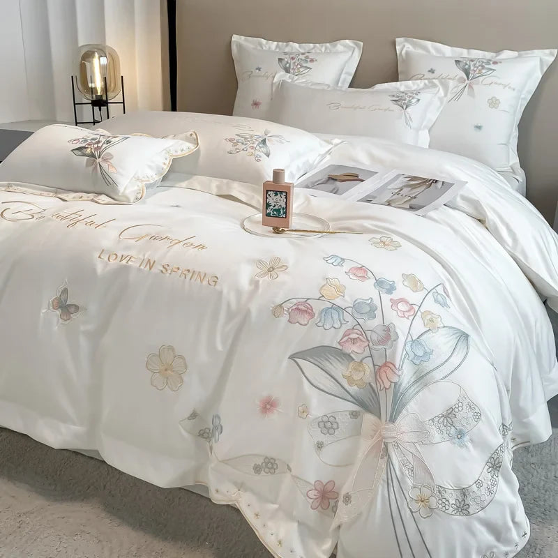 Afralia™ Chic Flowers Embroidery Princess Bedding Set - 100% Egyptian Cotton - Duvet Cover, Sheet, Pillowcases