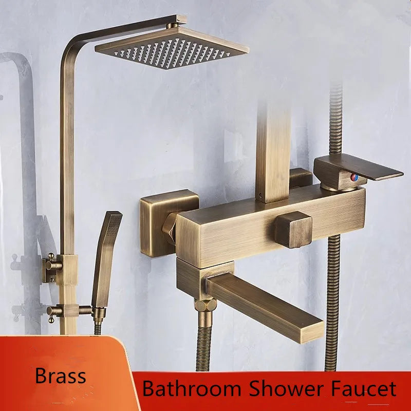 Afralia™ Square 8" Antique Brass Bathroom Shower Faucet Mixer Set - Rainfall Shower Head