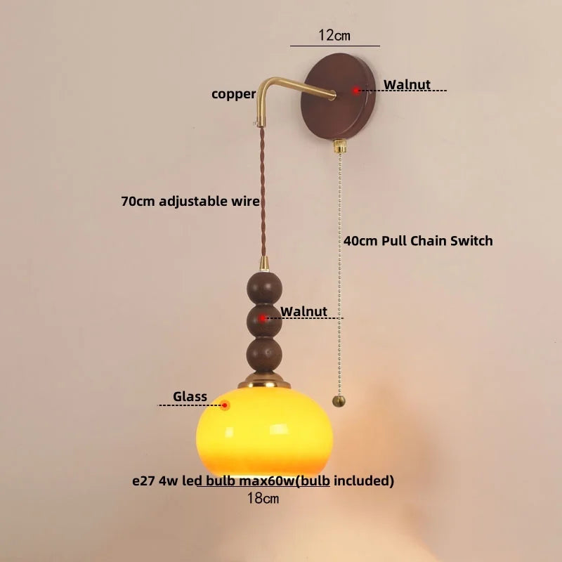 Afralia™ Modern LED Walnut Wood Wall Lights with Glass Shade & Pull Chain Switch