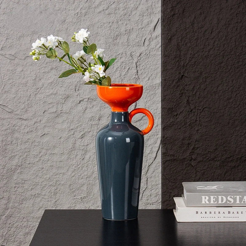 Afralia™ Geometric Semicircle Handle Ceramic Vase, Home Decor Handicraft Accessory