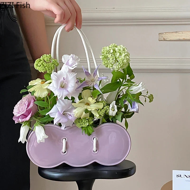 Afralia™ Handbag Shape Ceramic Vase Table Decor Flowers Arrangement Room Aesthetic