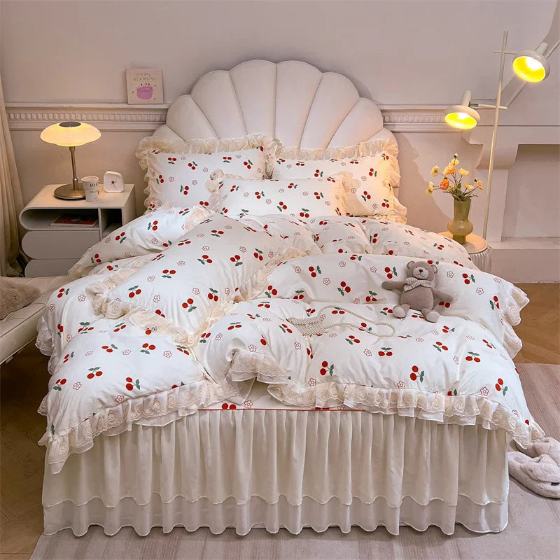 Afralia™ Princess Lace Ruffles Floral Bedding Set with Duvet Cover and Bed Skirt