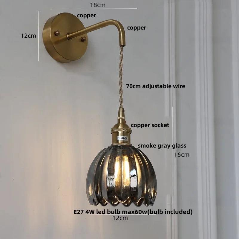 Afralia™ Smoke Gray Glass LED Wall Light Fixture Minimalist Pull Chain Switch Bedside Lamp