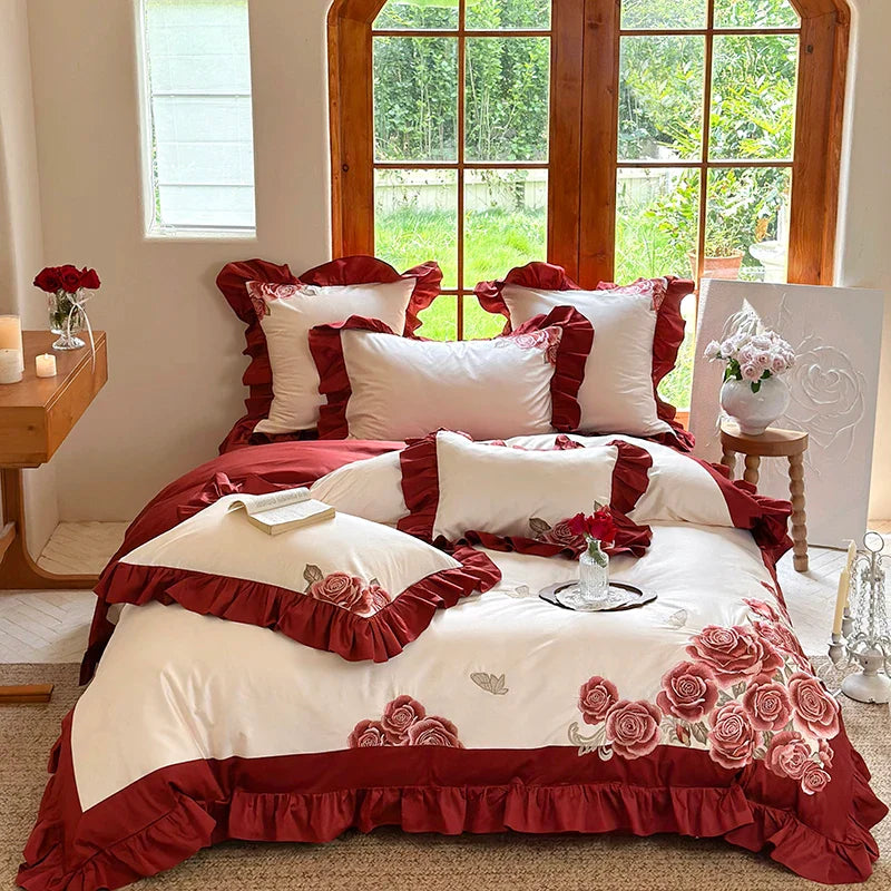 Afralia™ Butterfly Flowers Embroidery Ruffles Wedding Bedding Set: 1400TC 100% Egyptian Cotton