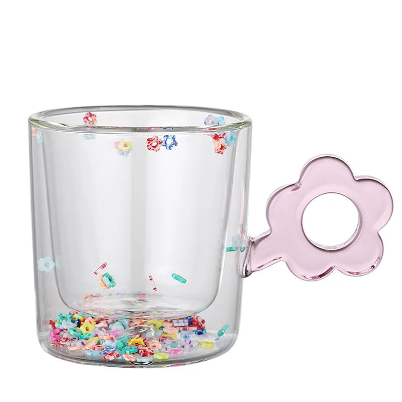 Afralia™ 250ml Double Wall Glass Mug with Glitter Flowers and Flower Handle