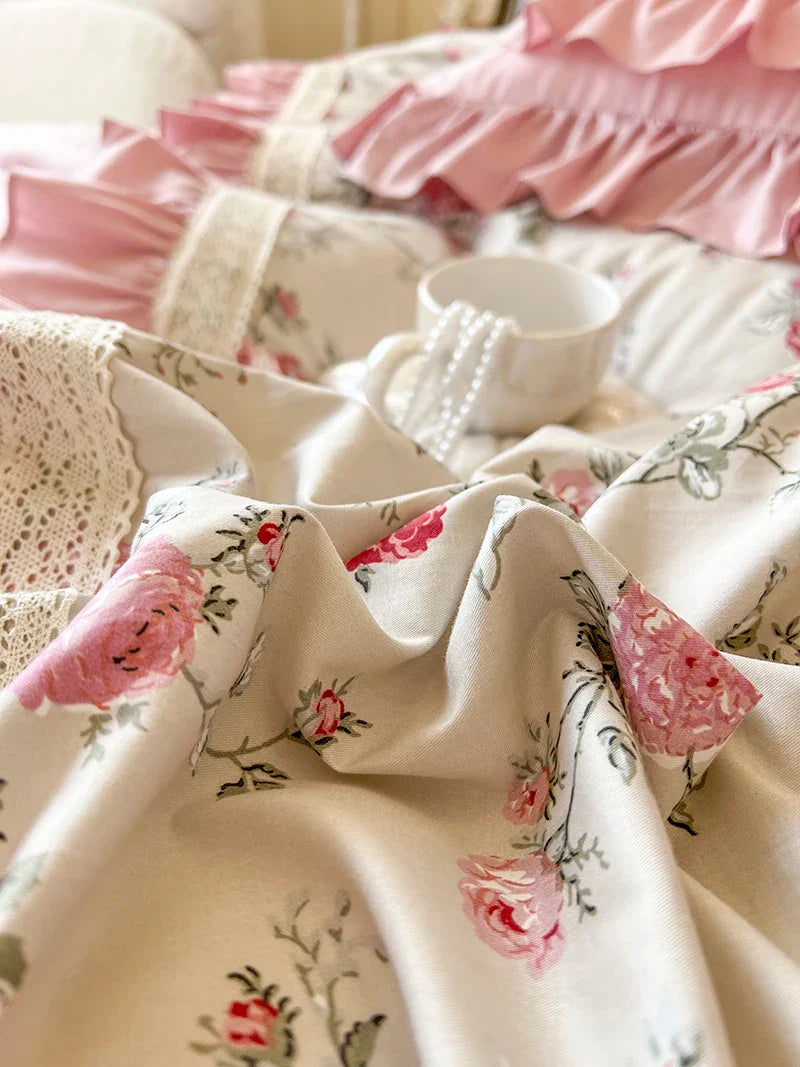 Afralia™ Pink Rose Floral Pleat Lace Ruffles 100% Cotton Bedding Set - Various Bed Sizes