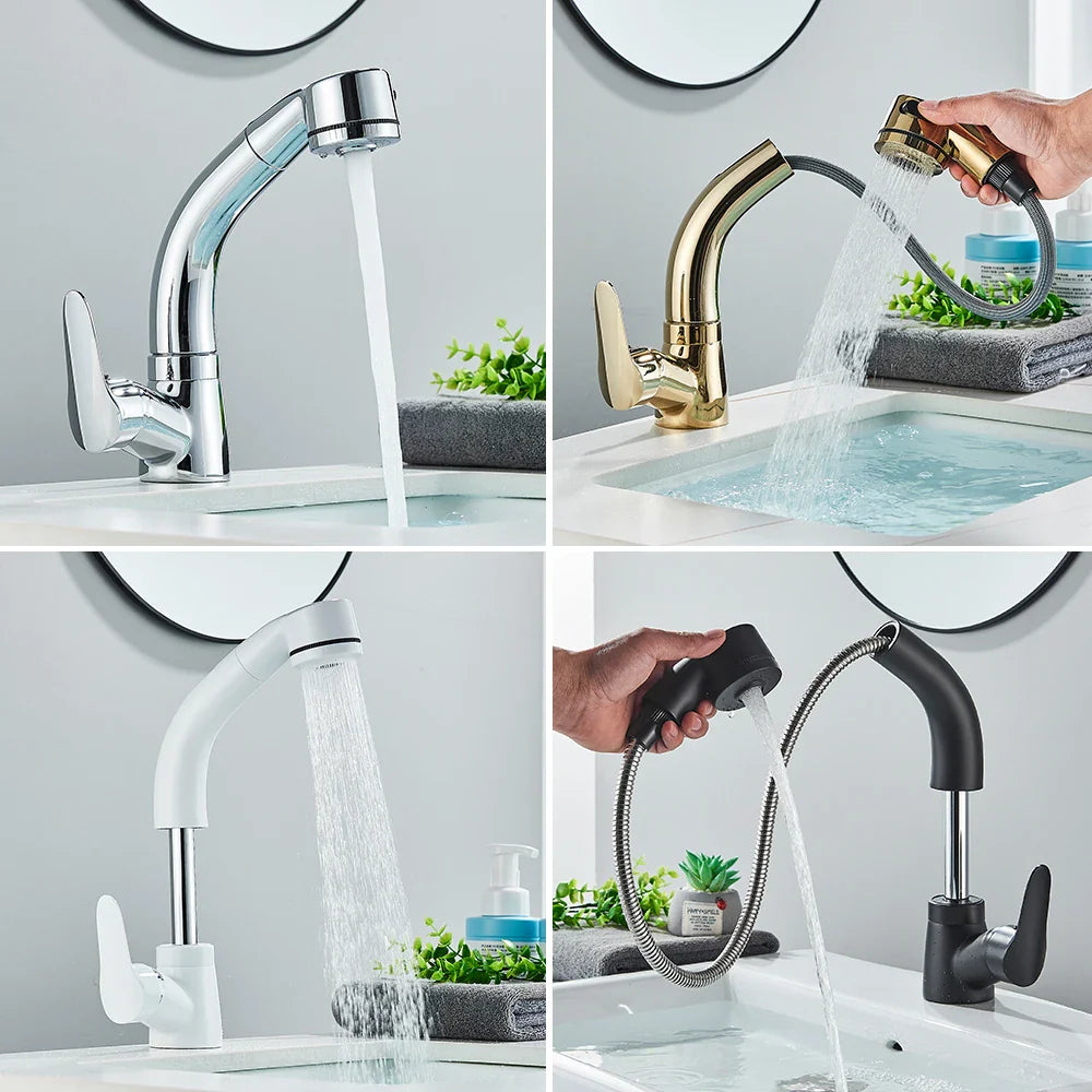 Afralia™ Pull Out Sprayer Basin Faucet Dual Modes Nozzle Bathroom Sink Mixer Taps