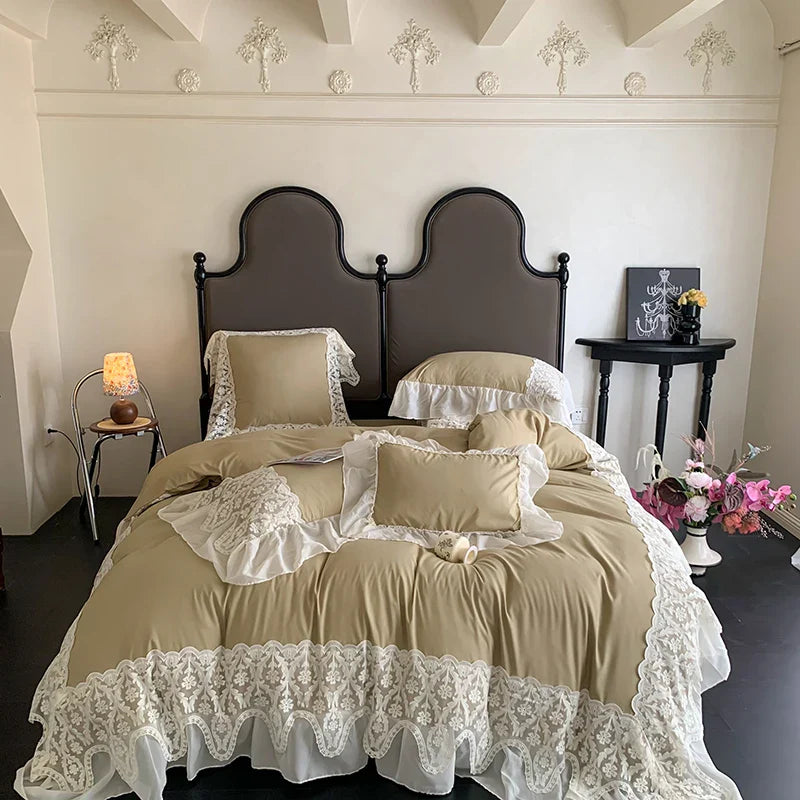 Afralia™ Romance Lace Ruffles Bedding Set 4Pcs, 200x230cm, Princess Wedding Theme