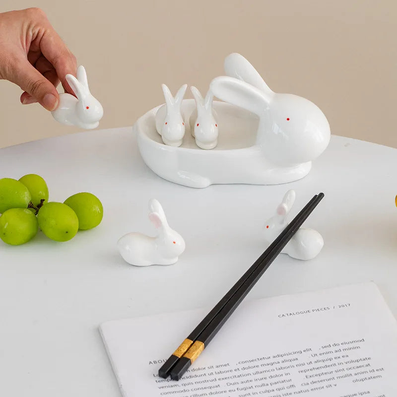 Afralia™ Duck Chopstick Holder Tray White Rabbit Porcelain Plate Home Decor
