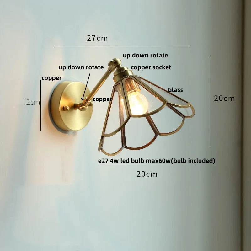Afralia™ Vintage Brass Clear Glass Wall Lights Rotate Bedside Lamp for Restaurant Bedroom