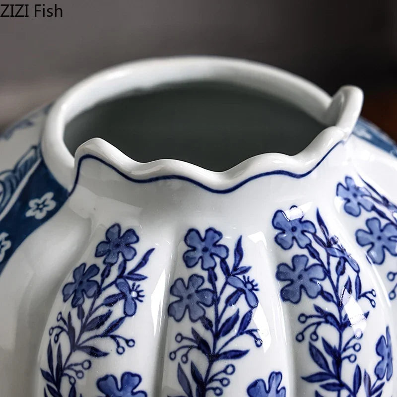 Afralia™ Blue & White Porcelain Vase Desk Decor with Artificial Flowers