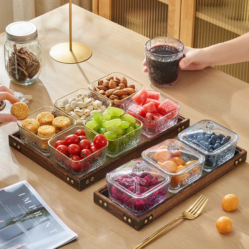 Afralia™ Glass Wood Tea Table Tray, Rectangular Snack Food Fruit Bowl Serving Tray