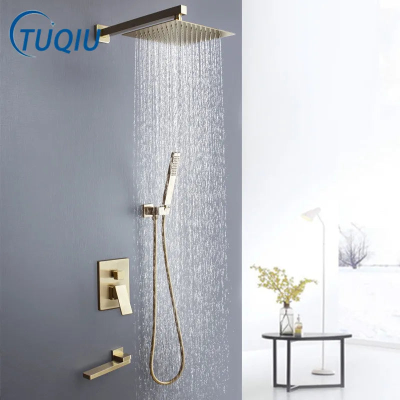 Afralia™ Brushed Gold In-Wall Shower Set with Rainfall Shower Head 8-12"