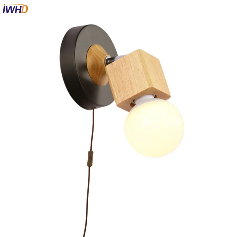 Afralia™ Nordic Wood Iron LED Wall Lamps - Up Down Rotate Hallway Bathroom Plug In
