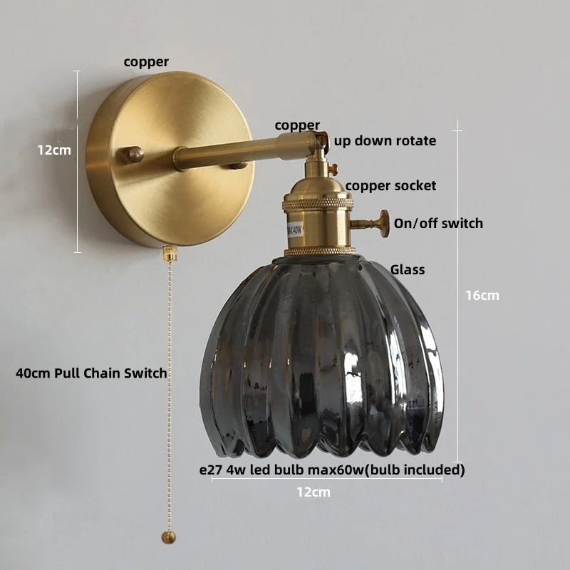 Afralia™ Vintage Clear Glass Wall Lamp Sconce with Pull Chain Switch and LED Rotation