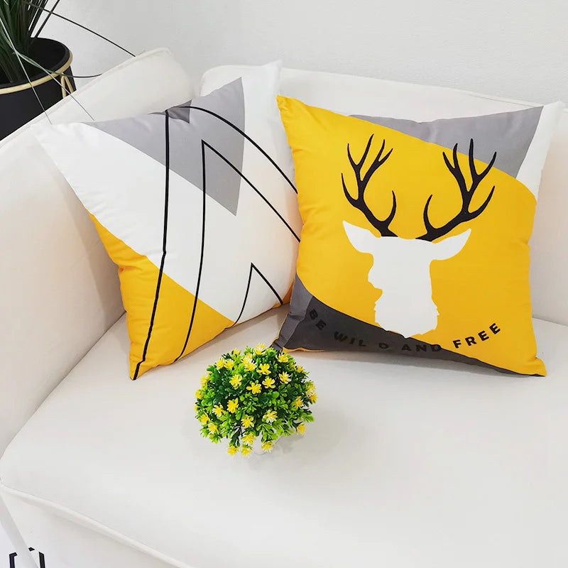 Afralia™ Yellow Geometric Patchwork Polyester Cushion Cover with Black Alphabet Letter