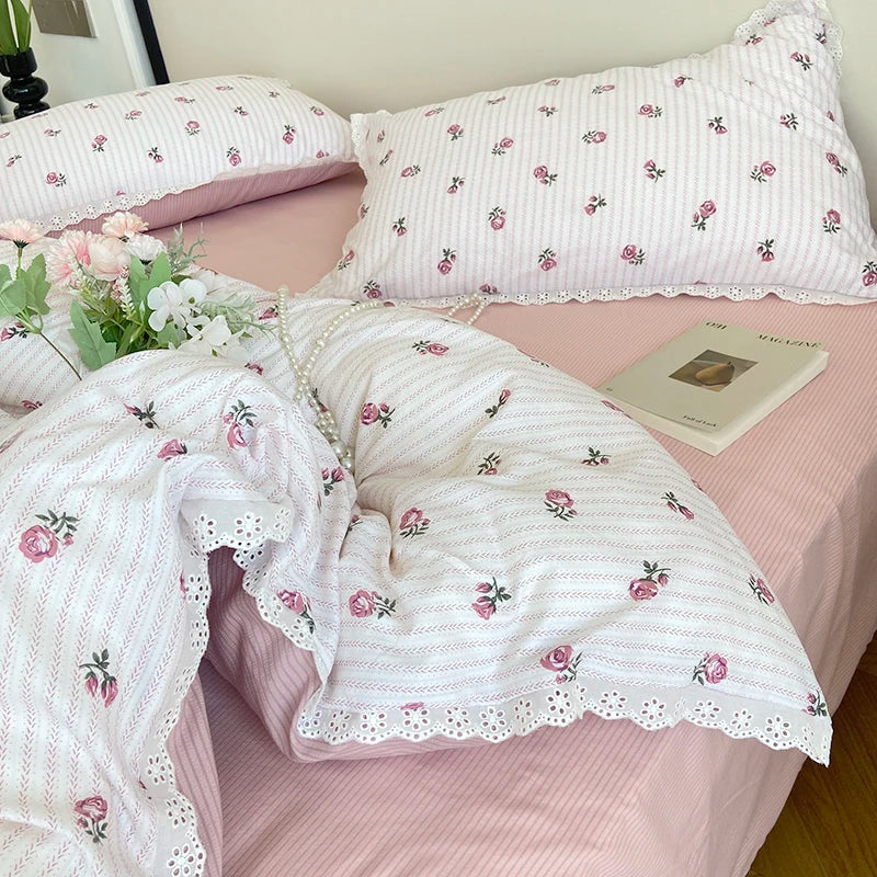 Afralia™ Vintage Lace Ruffles Duvet Set with Bed Sheet and Pillowcases