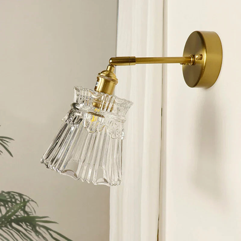 Afralia™ Brass Mirror Wall Sconce with Glass Shade for Bedroom and Living Room