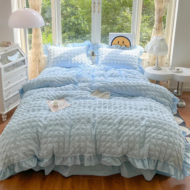 Afralia™ Korean Princess Soft Bedding Set, Wash Cotton Solid Color Duvet Cover Collection